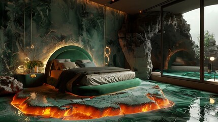 a green bedroom where the furniture seems to ripple like ocean waves, blending seamlessly with...