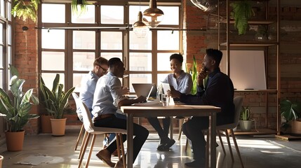 A team of executives engaged in a brainstorming session around a conference table