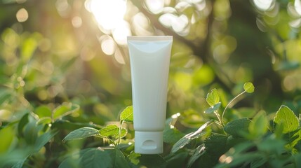 Blank white tube of toothpaste for mockup with fresh foliage background