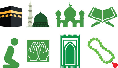 Islamic religion prayer green vector icon set isolated on transparent background. collection of Kaaba, Medina, Quran, Mosque Dua hands Tasbih, Praying man, and Rug symbol use for Ramadan, web and app