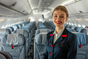 smiling cabin crew flight attendant in uniform stood in an empty airplane