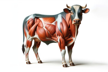 cow anatomy showing body and head, face with muscular system visible on solid white background