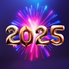 Happy New Year - numbers 2025 as helium gold metallic balloons festive fireworks backdrop night blue