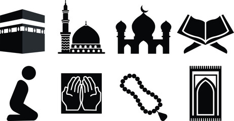 Islamic religion prayer black vector icon set isolated on transparent background. collection of Kaaba, Medina, Quran, Mosque, Dua hands, Tasbih, Praying man, and Rug symbol use for Ramadan, web or app