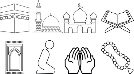 Islamic religion prayer line vector icon set isolated on transparent background. collection of Kaaba, Medina, Quran, Mosque, Dua hands, Tasbih, Praying man, and Rug symbol use for Ramadan, webiste and