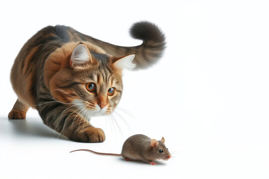 cat chasing a mouse on a white background