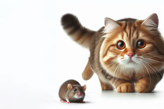 cat chasing a mouse on a white background
