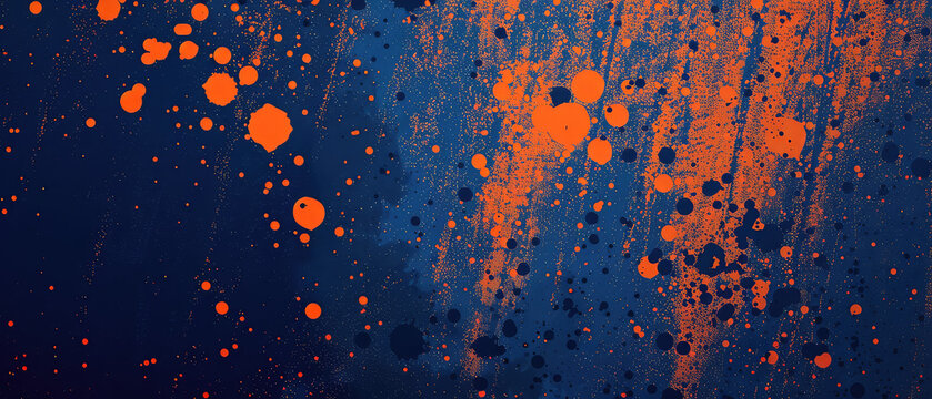 Abstract splattered paint in blue and orange hues