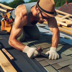 A construction worker is laying shingles on a roof