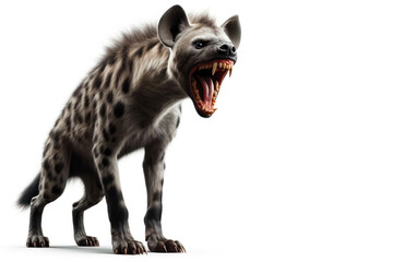 Scary aggressive Hyena with open mouth on white background