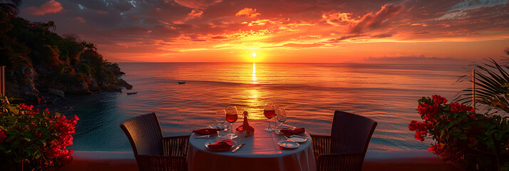 Dinner Table Overlooking the Sunset ,
Candlelit wedding celebration on a tropical beach at sunset 
