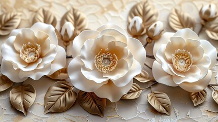   A cluster of white blossoms resting atop a gold-embroidered table linen with golden leaf decorations