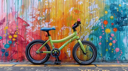 Neon green toddler bike at a vibrant street art mural, colorful and creative, copy space for text