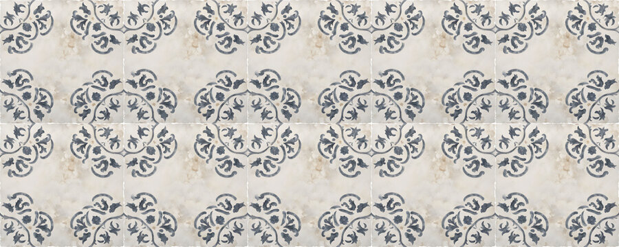 Porcelana retr&ocirc; com estampa de flores e folhas azul e damasco. Revestimento vintage. Azulejo envelhecido
