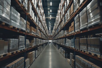 Long corridor between shelves stacked with goods and two workers at the end