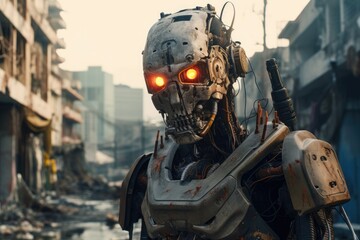 Futuristic Cyborg Warrior in Dystopian City
