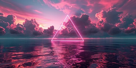 Obraz premium The great pinkish floating triangle beyond the ocean that surrounded with a lot amount of the tall cloud at the dawn or dusk time of the day that shine light to the every part of the picture. AIGX03.