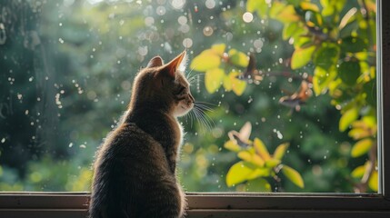 Curious feline sitting by an open window, attentively observing the birds outside