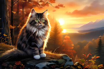 Sunset, forest and Norwegian forest cat
Generative AI