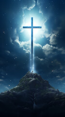 Shining cross on the top of the mountain
