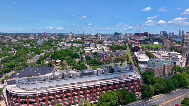 Aerial view of Cambridge on the left and Boston Back Bay on the right connected by Harvard Bridge across Charles River, Boston, Massachusetts MA, USA. 