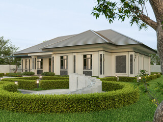 3D rendering One story contemporary house of Thai style with parking and natural scenery background.