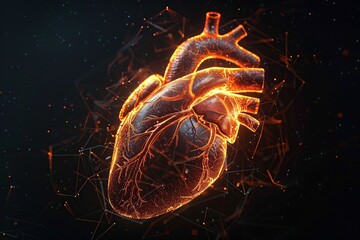 3D rendering of holographic human heart on dark background