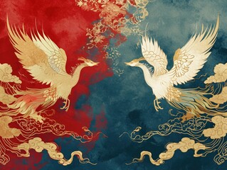 Obraz premium The picture of double phoenix that stay at opposite of each other on the red and blue side that the design of the phoenix come from east asian like chinese, korea or japan symbolize longevity. AIGX01.