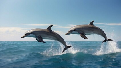 Fototapeta premium two dolphins jumping over the sea together 