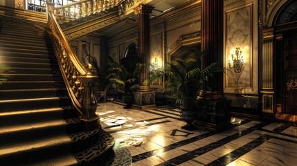 Fototapeta premium a grand mansion's interior through a realistic portrayal, showcasing luxurious details in a beautifully minimalistic design.