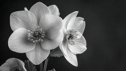   A black and white image of three flowers arranged in a vase, with one flower positioned centrally and another at the center