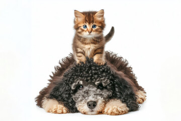 kitten climbing on puppies head. young dog and young cat together. pet friendship concept on a white background