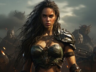Obraz premium Fierce Female Warrior in Armored Fantasy Battle