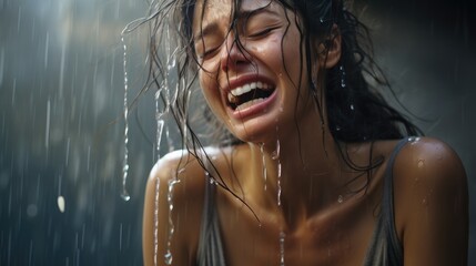 Joyful Woman Laughing in the Rain