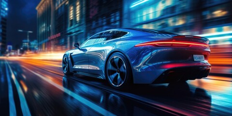 Urban Eco-Mobility: Electric Vehicle Cruising on Road with City Skyline Behind