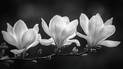  A monochrome picture of a tree branch adorned with three white blossoms