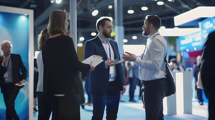 Business associates attending a trade show, exchanging ideas and contacts