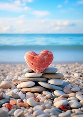 Obraz premium Heart-Shaped Stone on Beach with Ocean Backdrop