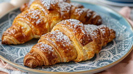 Crispy and flaky croissants are arranged beautifully on a plate. A dusting of powdered sugar adds the perfect sweet touch.
