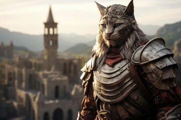 Armored Feline Warrior in Fantastical City