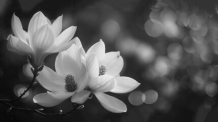   A black-and-white photograph captures delicate flower arrangements illuminated by light sources from behind