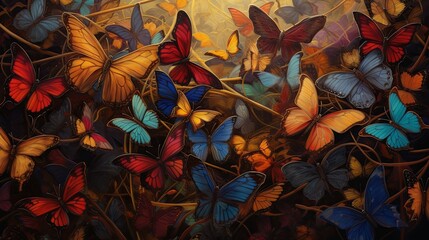 A colorful butterfly painting with many different colored butterflies