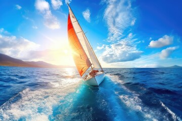 A sailboat is sailing in the ocean on a clear day. The sky is blue and there are no clouds. The water is calm and the boat is the only object visible in the scene