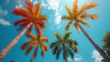 Vibrant Tropical Paradise: Palm Trees Against a Bright Blue Sky