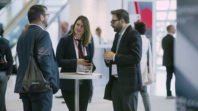 Business associates attending a trade show, exchanging ideas and contacts