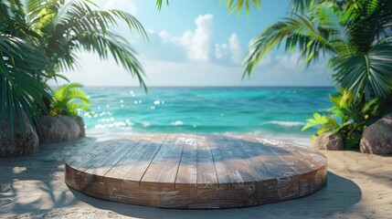 Rustic Wooden Podium Display on Tropical Beach with Lush Palm Trees and Clear Ocean View