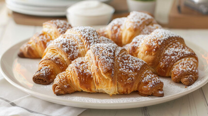 Crispy and flaky croissants are arranged beautifully on a plate. A dusting of powdered sugar adds the perfect sweet touch.