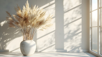 Pampas grass in white vase by sunny window. Minimalistic interior design with natural lighting. Home decor and peaceful living concept. Design for poster, wallpaper, greeting card