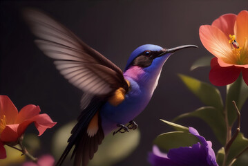 Fototapeta premium Hummingbird among flowers, colorful colibri flying on dark background.