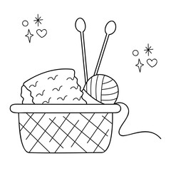 Basket with knitting. Doodle outline vector black and white illustration.